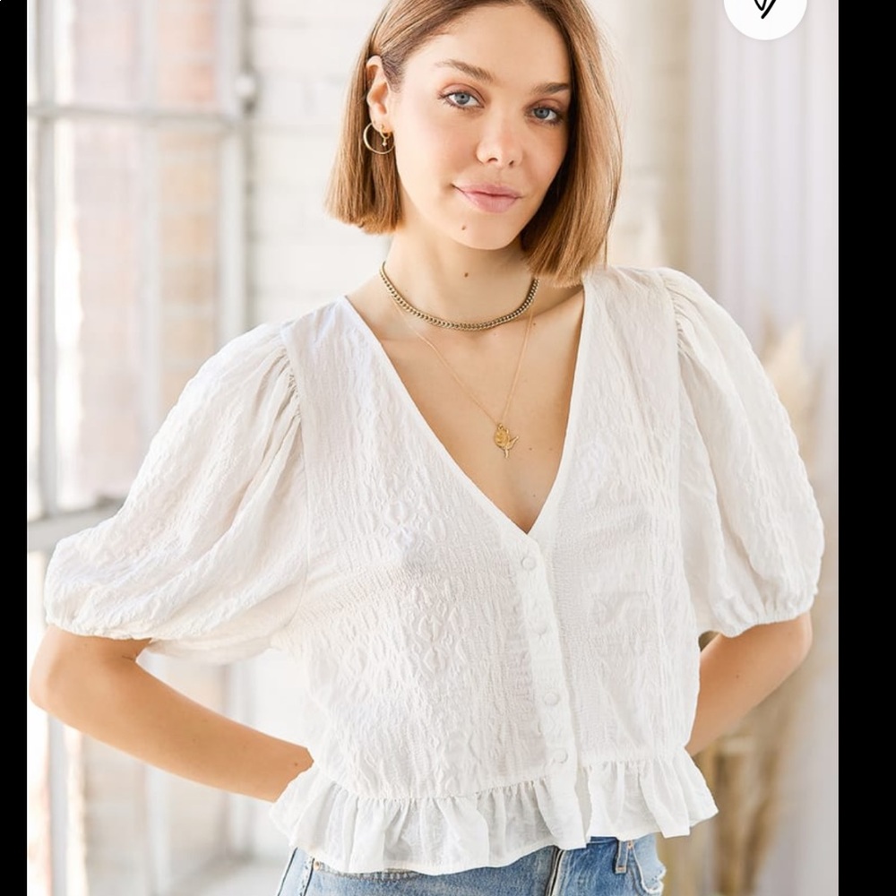 Social Season White Ruffled Puff Sleeve Button-Up Top